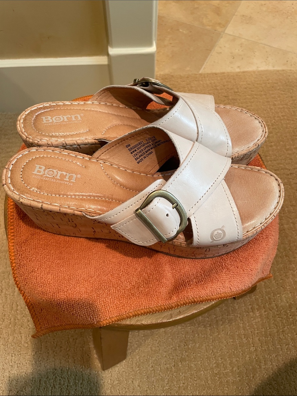 Born Cream Leather Cork Wedge Slide Sandals with Buckle